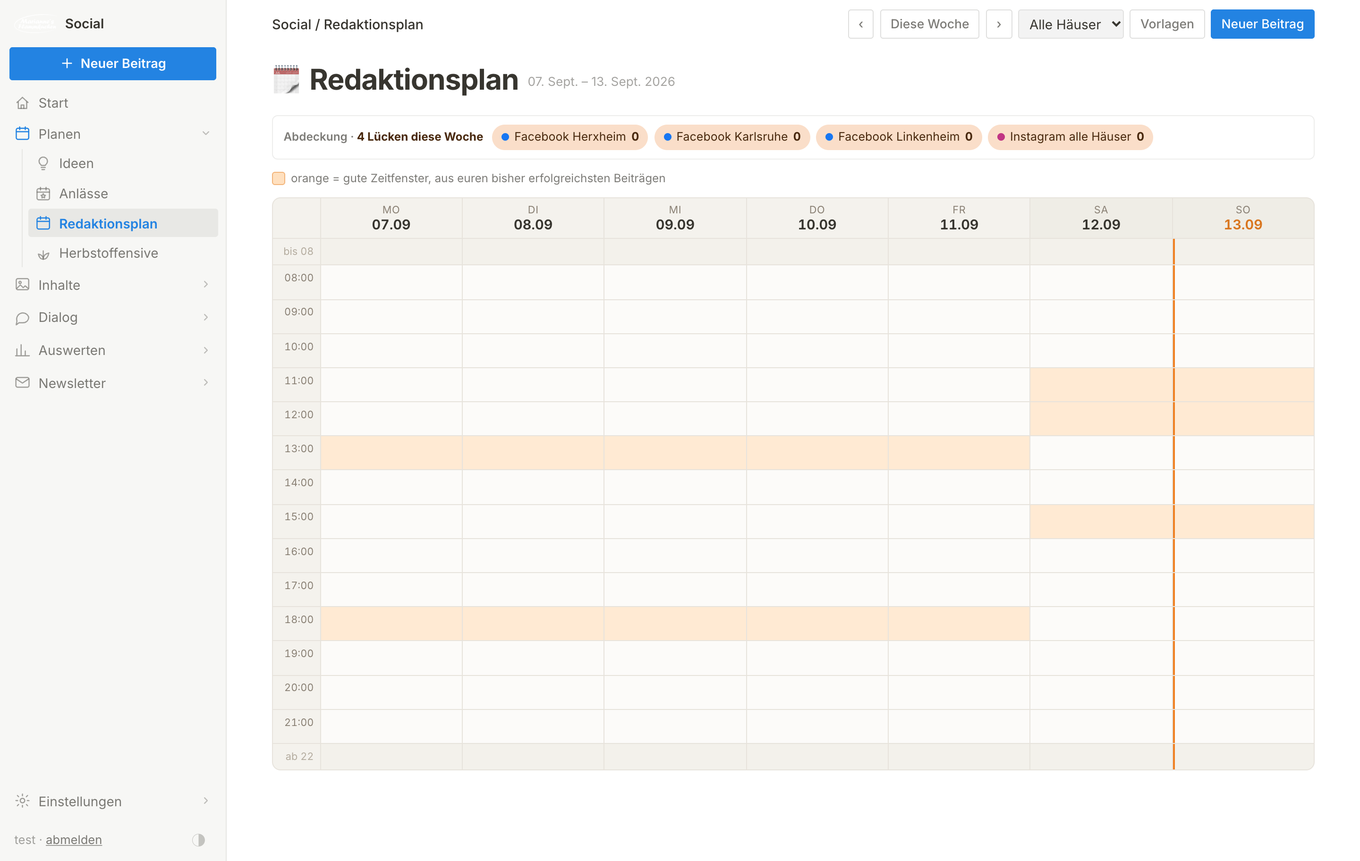 FeedEcho in mehreren Ansichten: Startseite, Video-Editor und Redaktionsplan